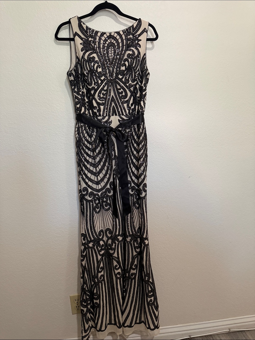 R&M Richards Black Embellished Maxi Dress with Nude Base